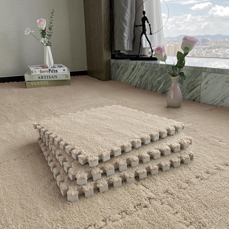 JADERLU 16pcs 0.6" Thickened Interlocking Tile Mats,Fluffy Shaggy Soft EVA Foam Area Rug for Living Room & Bedroom,Non-Slip Protective Floor Carpet Play Mat Kids Baby Dorm Home Decor (11.8ft, Khaki) - Image 5